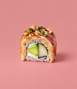 Image sushi signature omakasé poire, canard et sauce bulgogi
